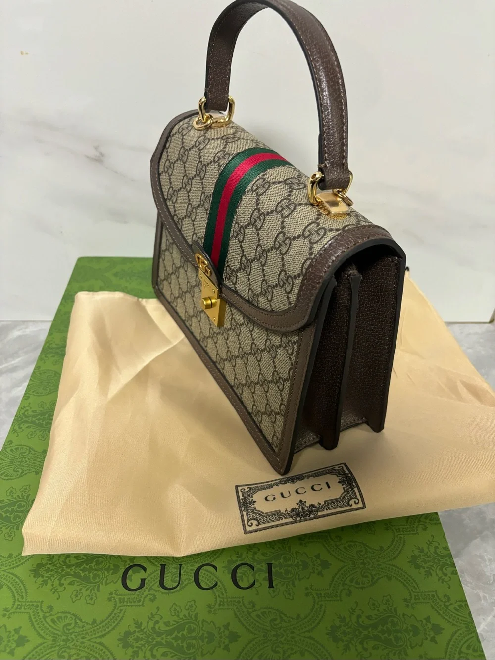 Beige GG Gucci Supreme Top Handle Satchel with Brown Trim and Green-Red Stripe